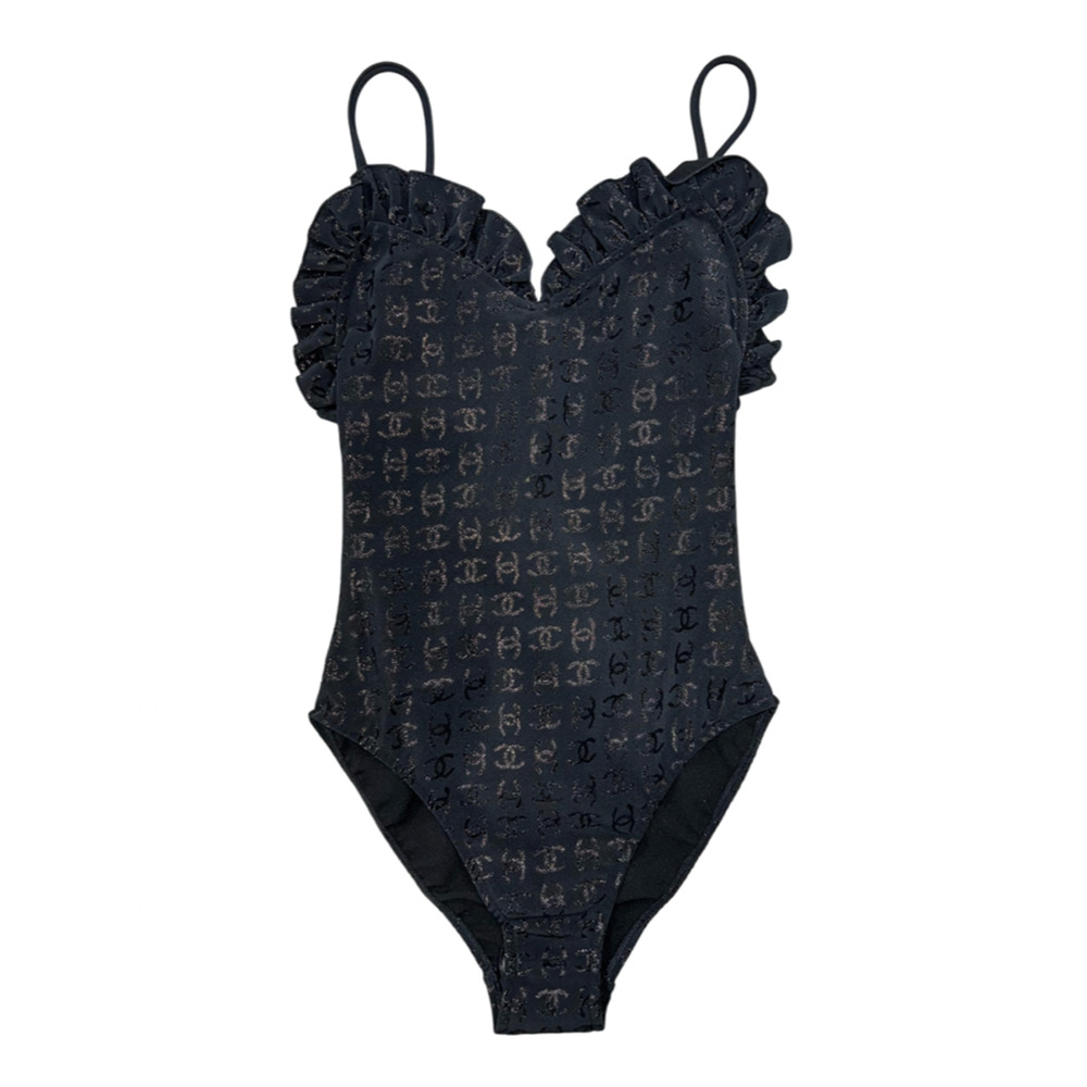 Chanel 23S Black Ruffle CC Logo One Piece Swim Swimsuit Runway Bathingsuit 36